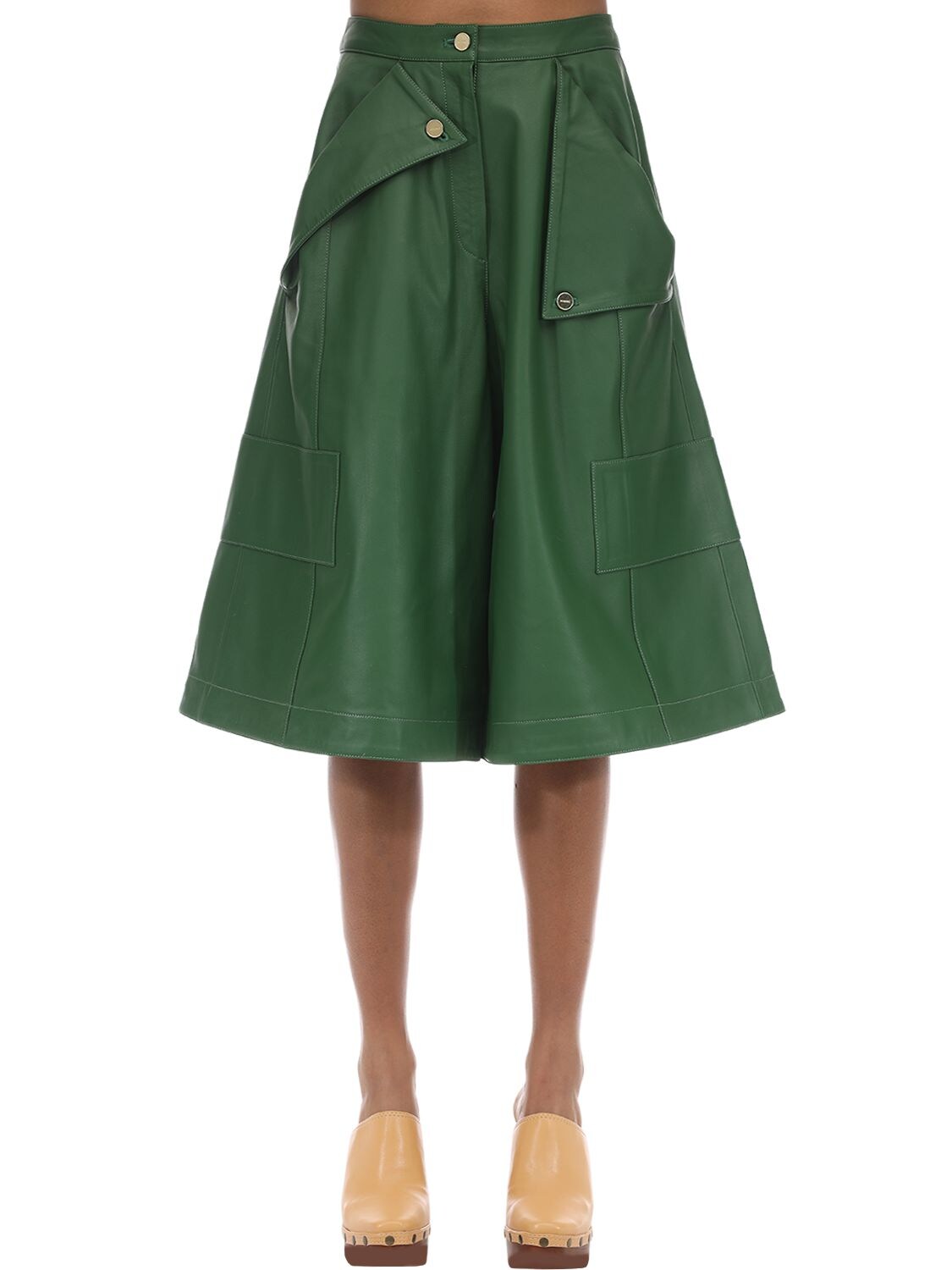 Jacquemus Cropped Leather Wide Leg Pants In Green