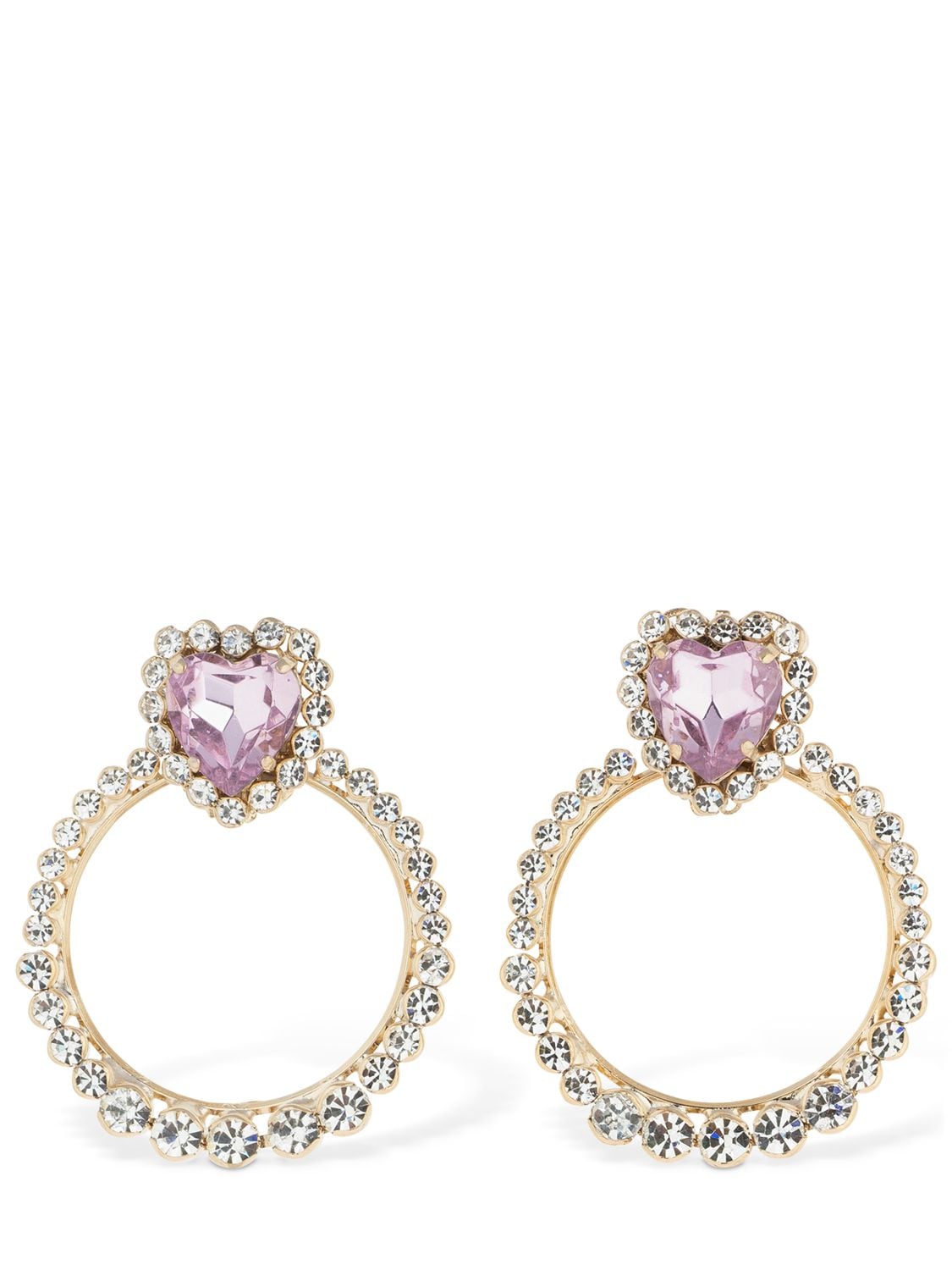 Anton Heunis Heart Hoop Earrings W/ Crystal Studs In Silver,pink