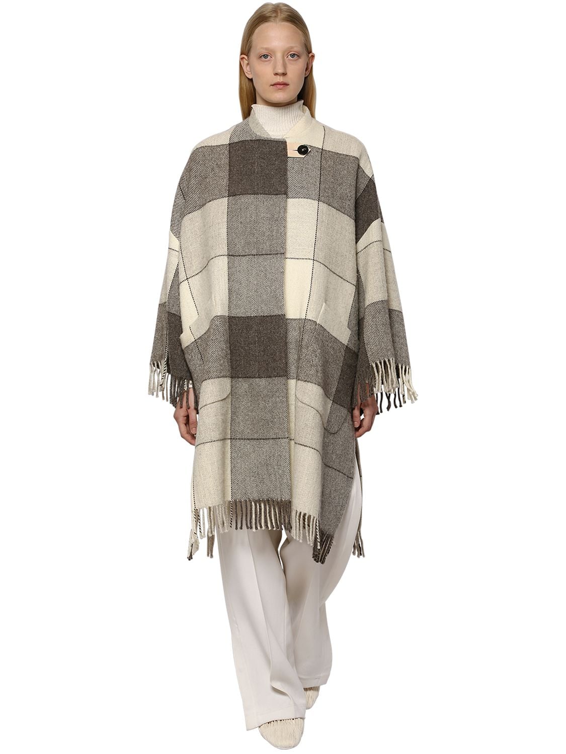 Jil Sander - Check wool cape coat w/ fringes - White/Grey | Luisaviaroma