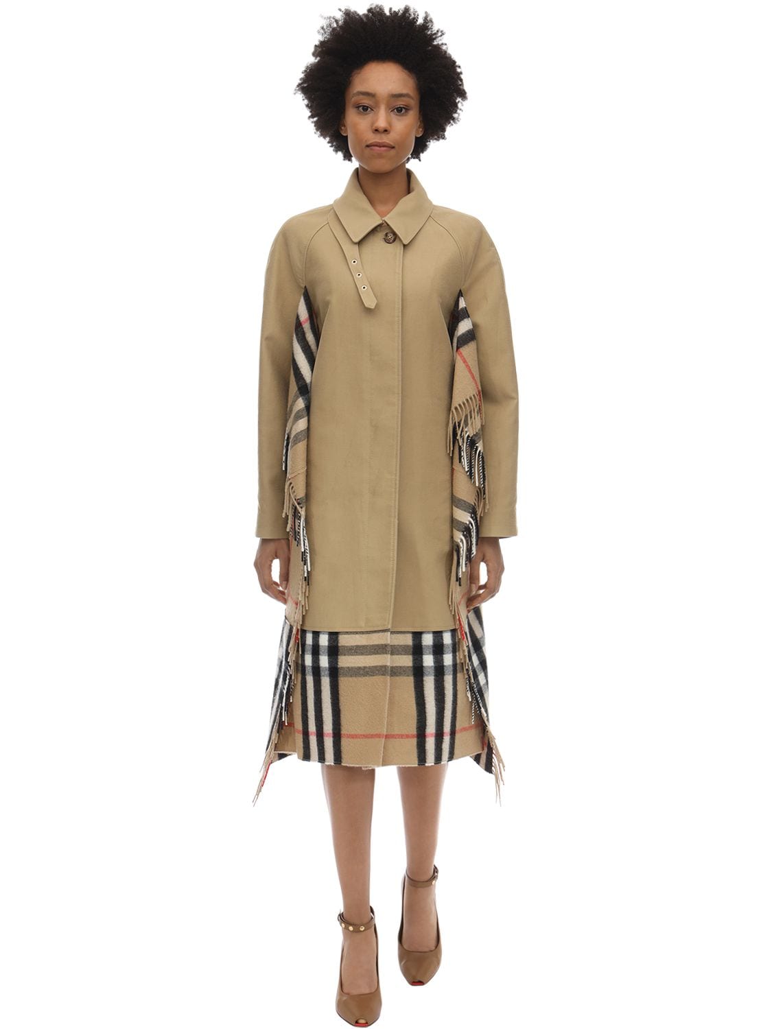 Cotton Canvas Trench Coat W/check Scarf