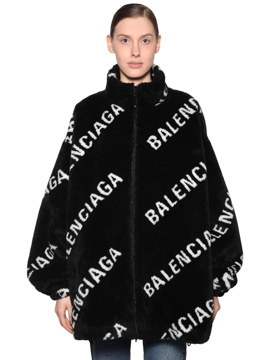 Balenciaga Logo Printed Zip-up Faux Fur 