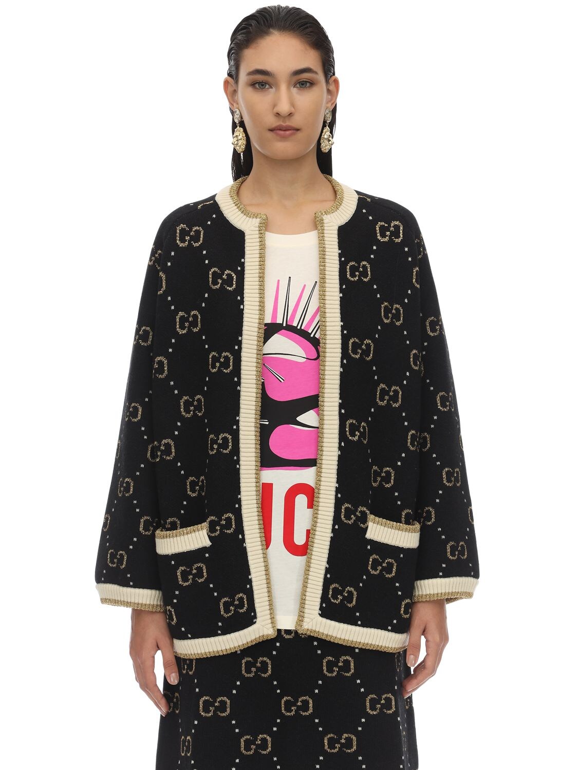 GUCCI OVERSIZE GG INTARSIA WOOL KNIT JACKET,70I5K1067-MTE4MG2