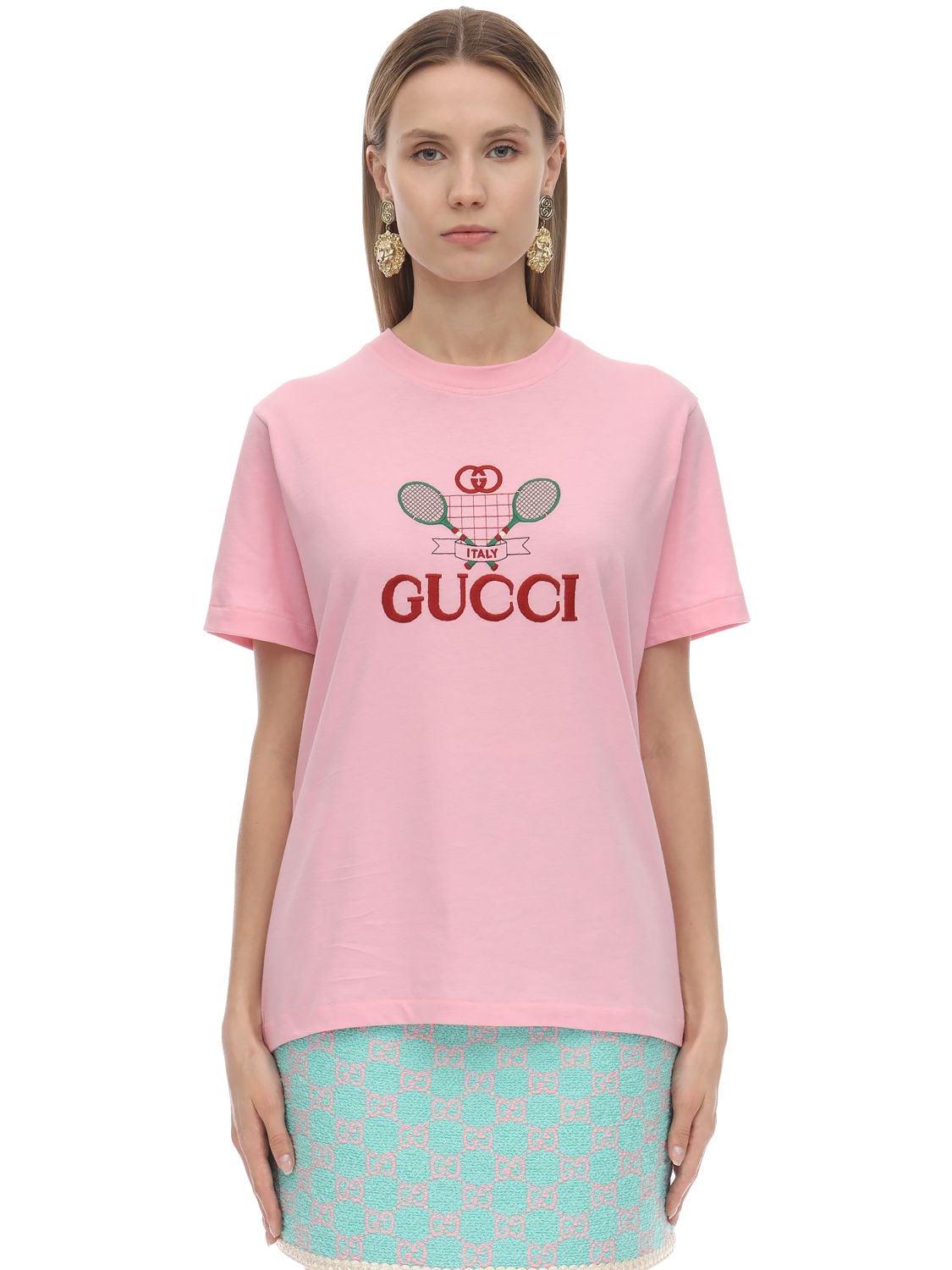 GUCCI 球拍LOGO纯棉平纹针织T恤,70I5K1111-NTKWNA2