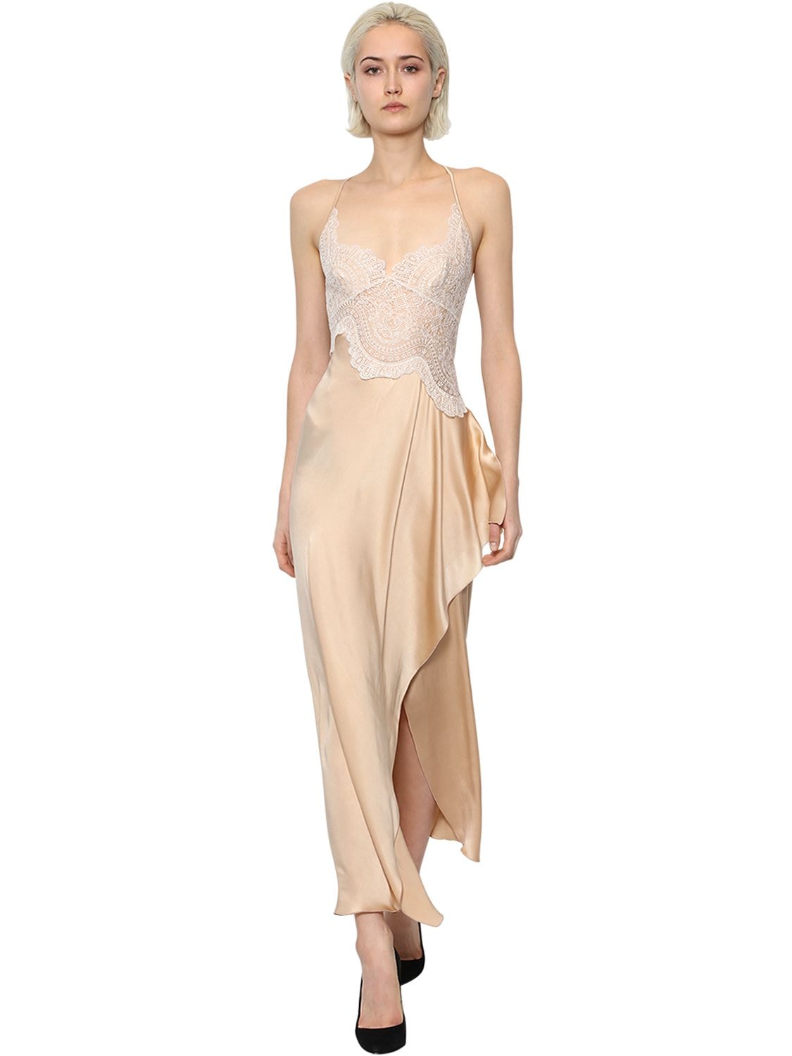 Ermanno Scervino Silk & Lace Midi Slip Dress In Nude,white