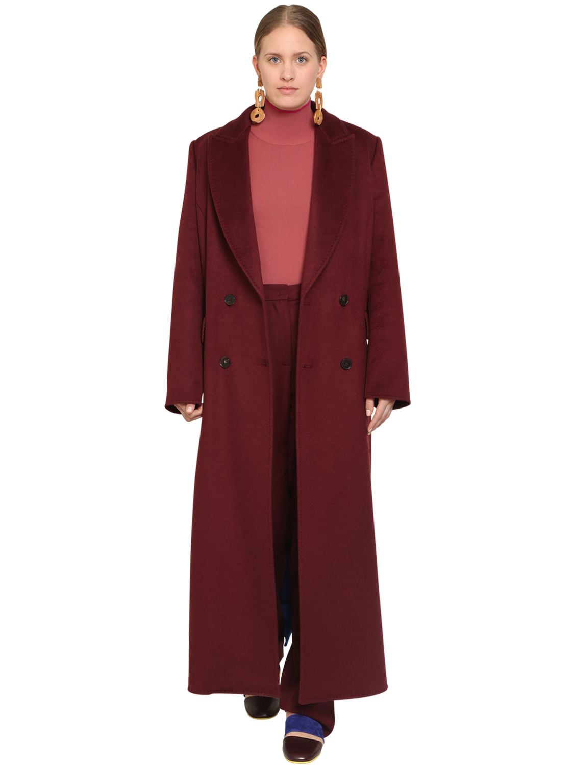 Marina Rinaldi Long Double Breasted Cashmere Coat In Bordeaux