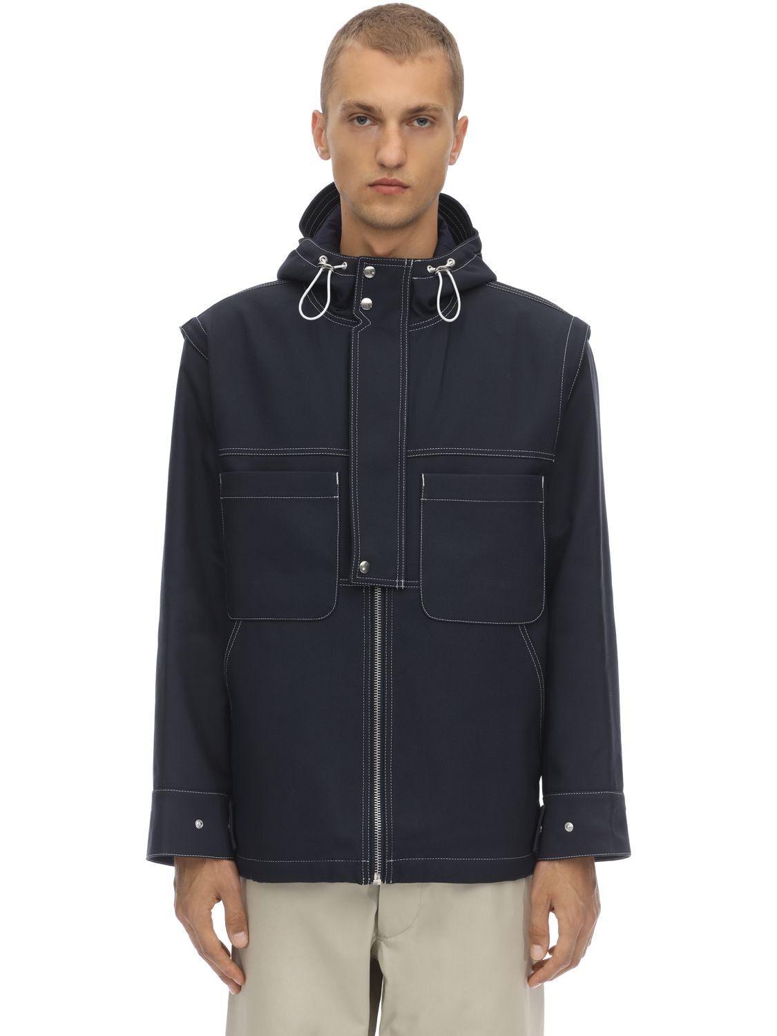 Jacquemus Hooded Cotton Blend Canvas Jacket In Navy