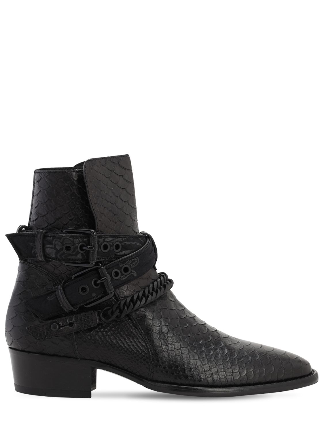 Python Embossed Buckle Leather Boots