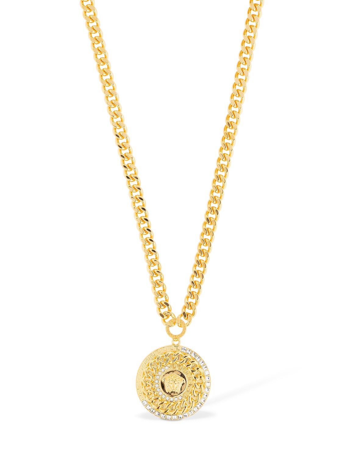 Versace Crystals Medusa Coin Necklace In Gold,crystals
