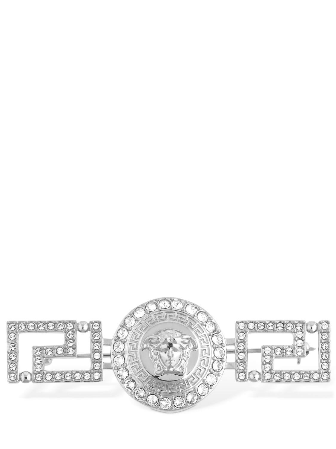 Versace Greek Motif Brooch W/ Crystals In Silver
