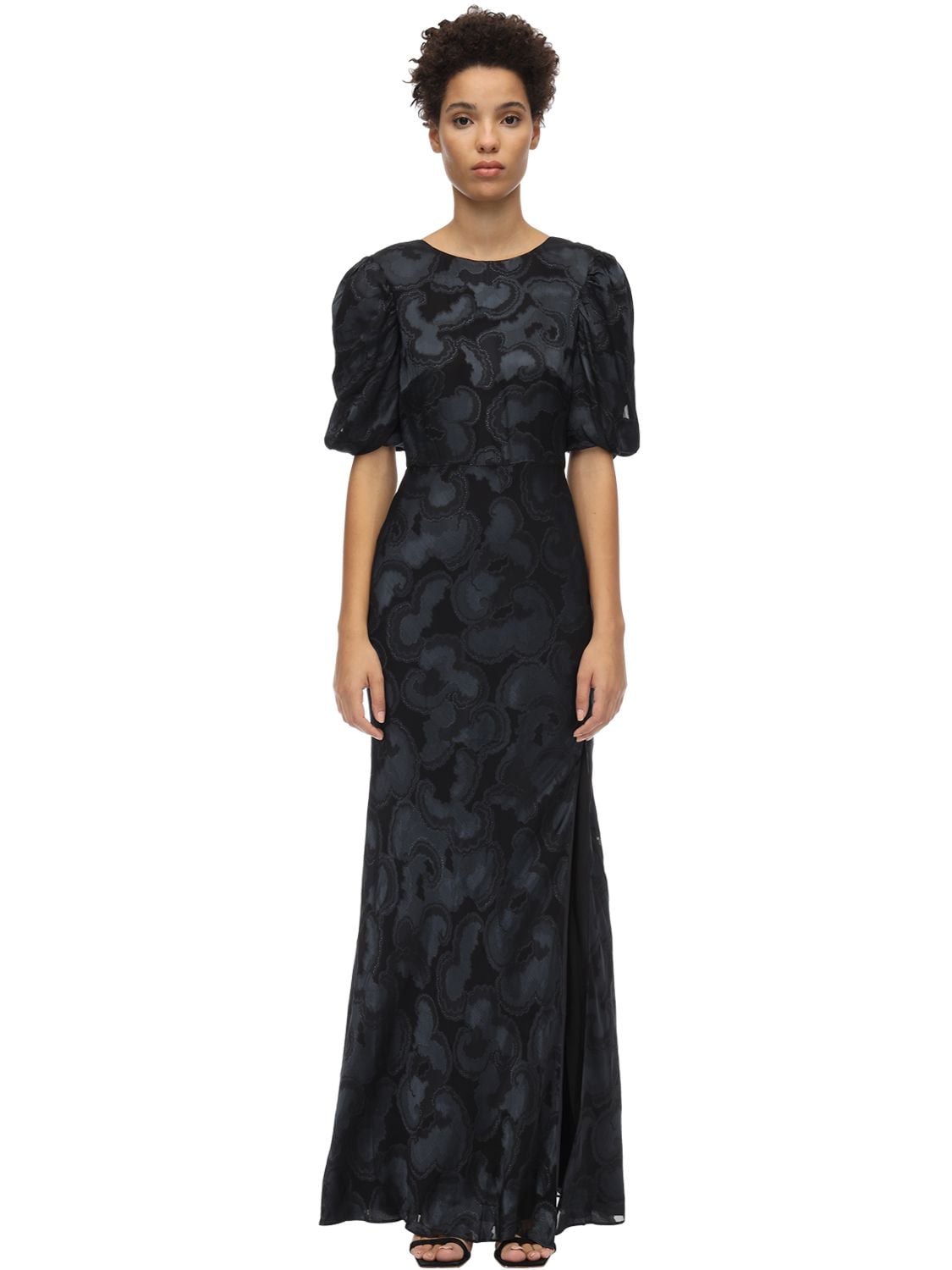 Saloni Silk Satin Jacquard Midi Dress In Black