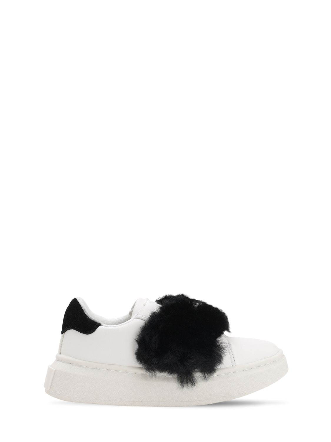 Colors Of California Kids' Faux Fur Pompom Strap Sneakers In White,black