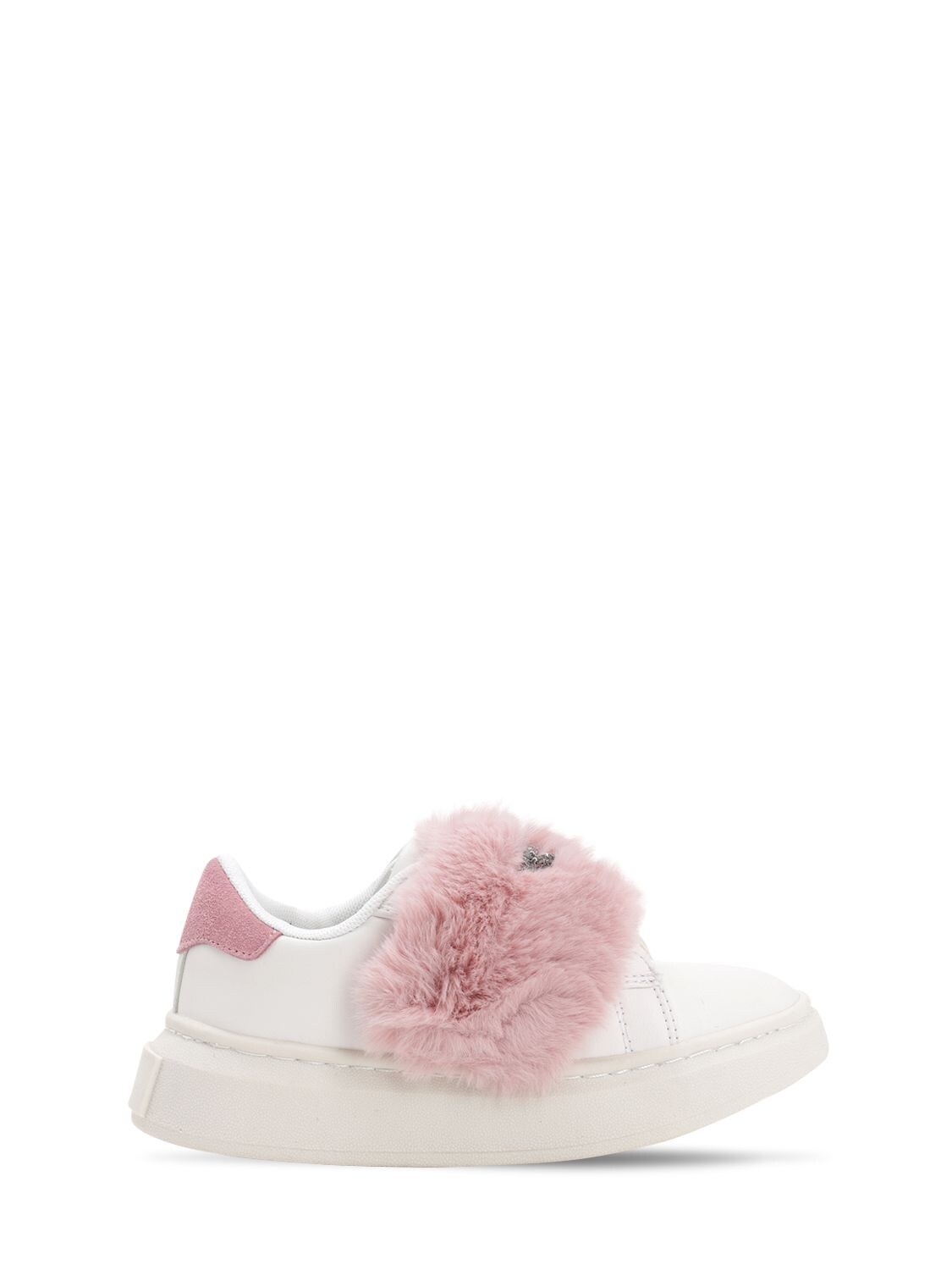 Colors Of California Kids' Faux Fur Pompom Strap Sneakers In White,pink