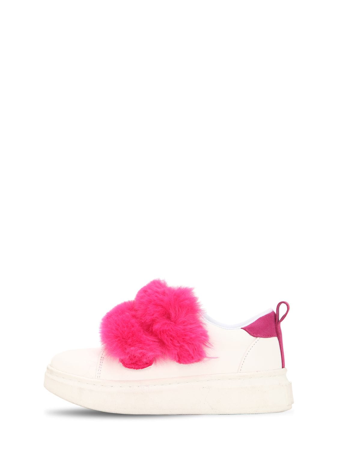 Colors Of California Kids' Faux Leather Strap Sneakers W/ Faux Fur In White,fuchsia