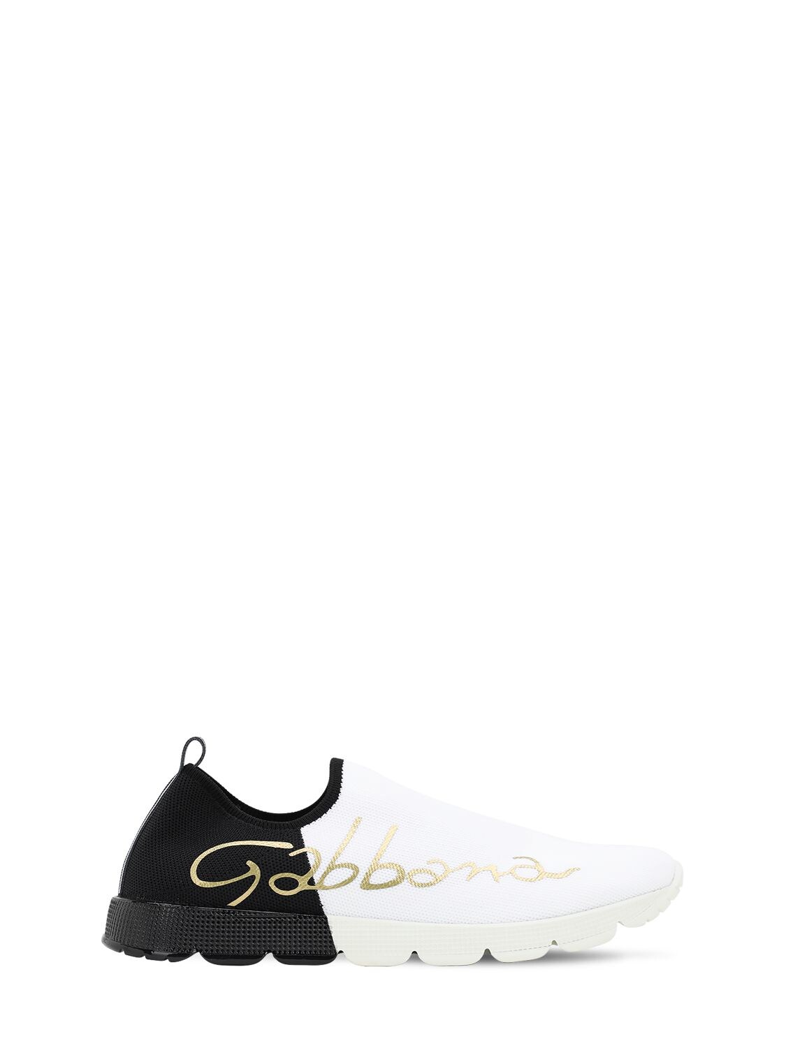 Dolce & Gabbana Kids' Logo Print Knit Slip-on Sneakers In White,black