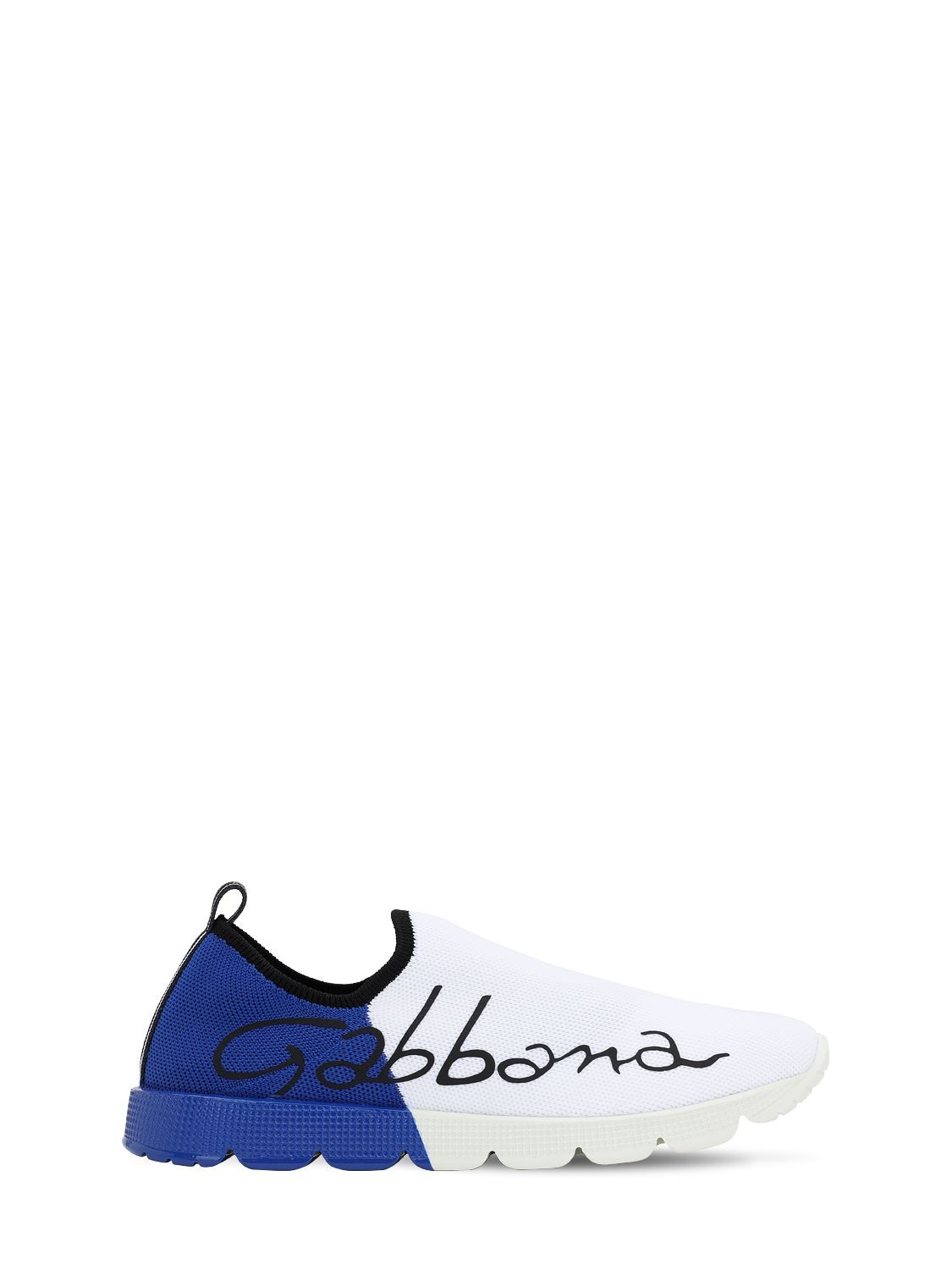 Dolce & Gabbana Kids' Logo Print Knit Slip-on Trainers In White,blue