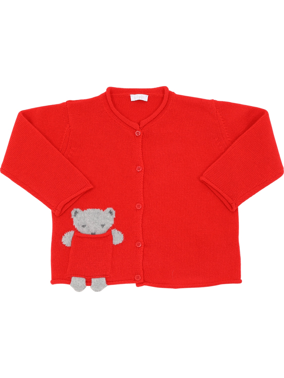 Il Gufo Babies' Bear Virgin Wool Jacquard Knit Cardigan In Red