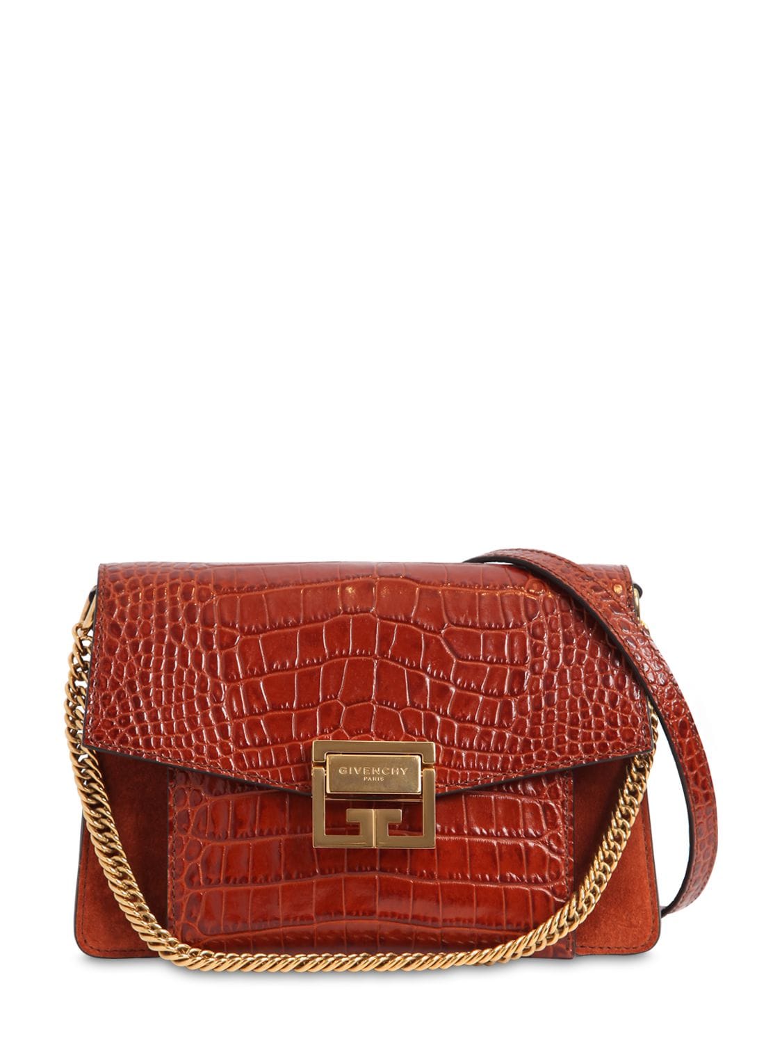 Givenchy Small Gv3 Croc Embossed Leather Bag In Cognac