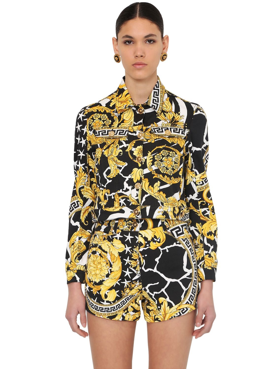 Versace - Cropped cotton blend denim jacket - Black/Gold | Luisaviaroma