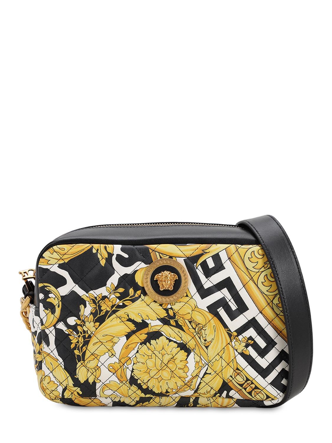 Versace Logo Print Quilted Leather Camera Bag In Nero,giallo