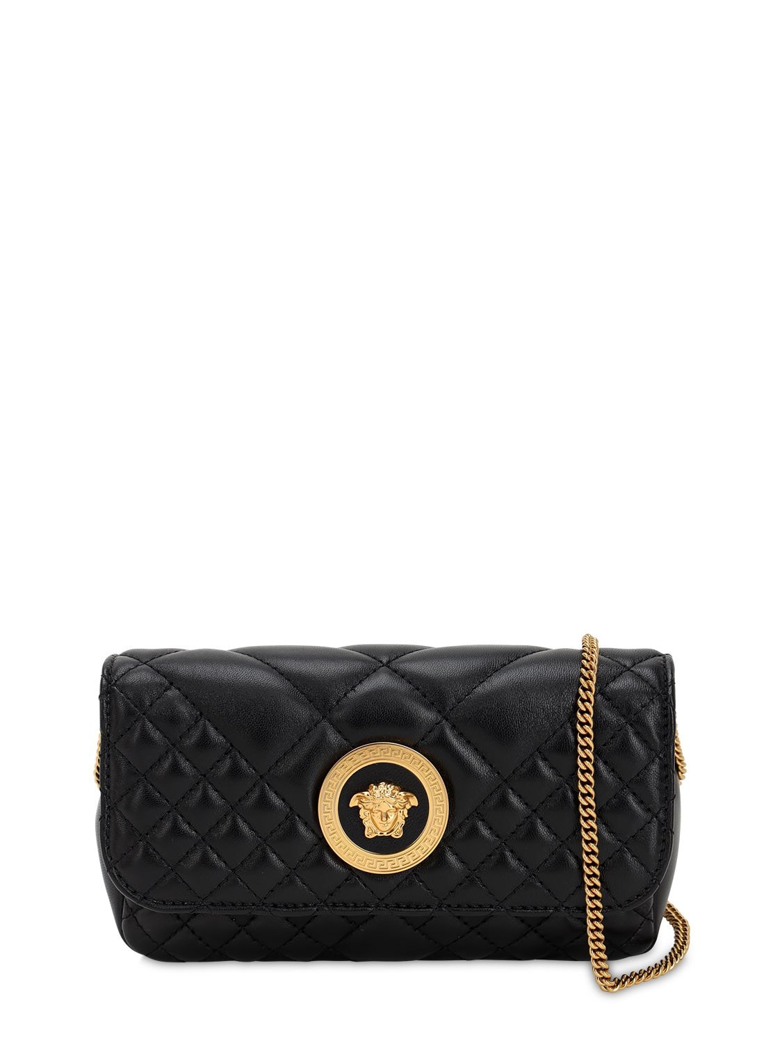 Versace Mini Icon Quilted Leather Shoulder Bag In Black