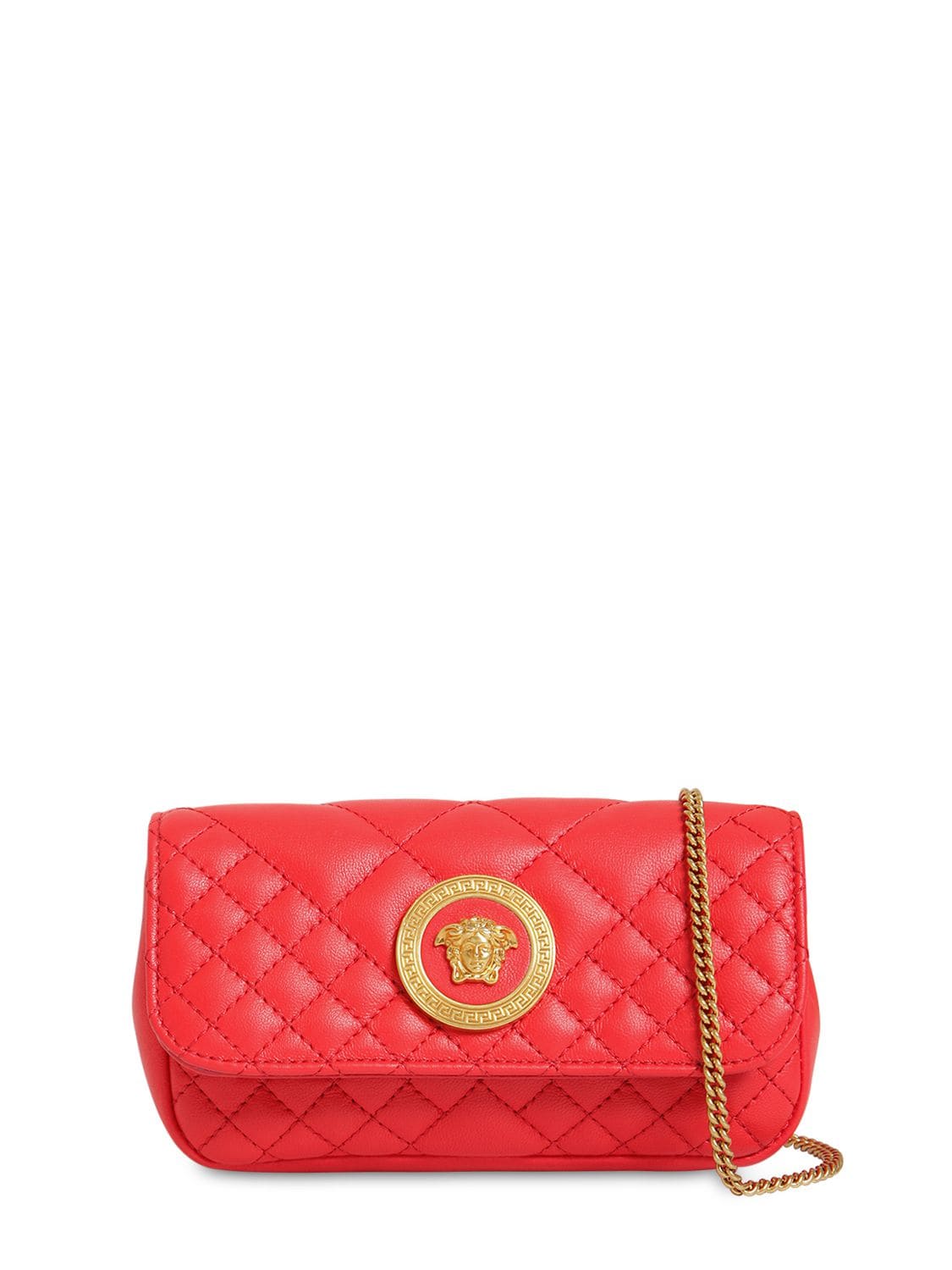 Versace Mini Icon Quilted Leather Shoulder Bag In Rosso