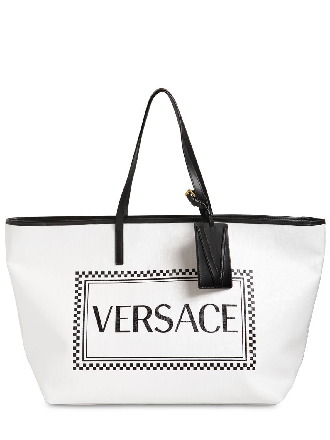 Versace Logo Print Coated Canvas Tote In Bianco