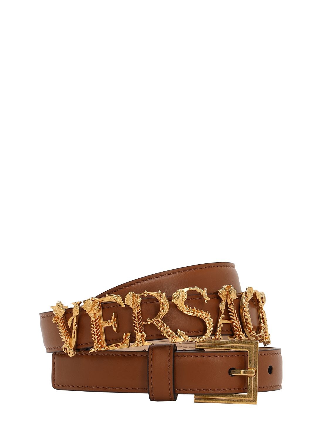 Versace 20mm Gold Logo Leather Belt In Autumn Leaf