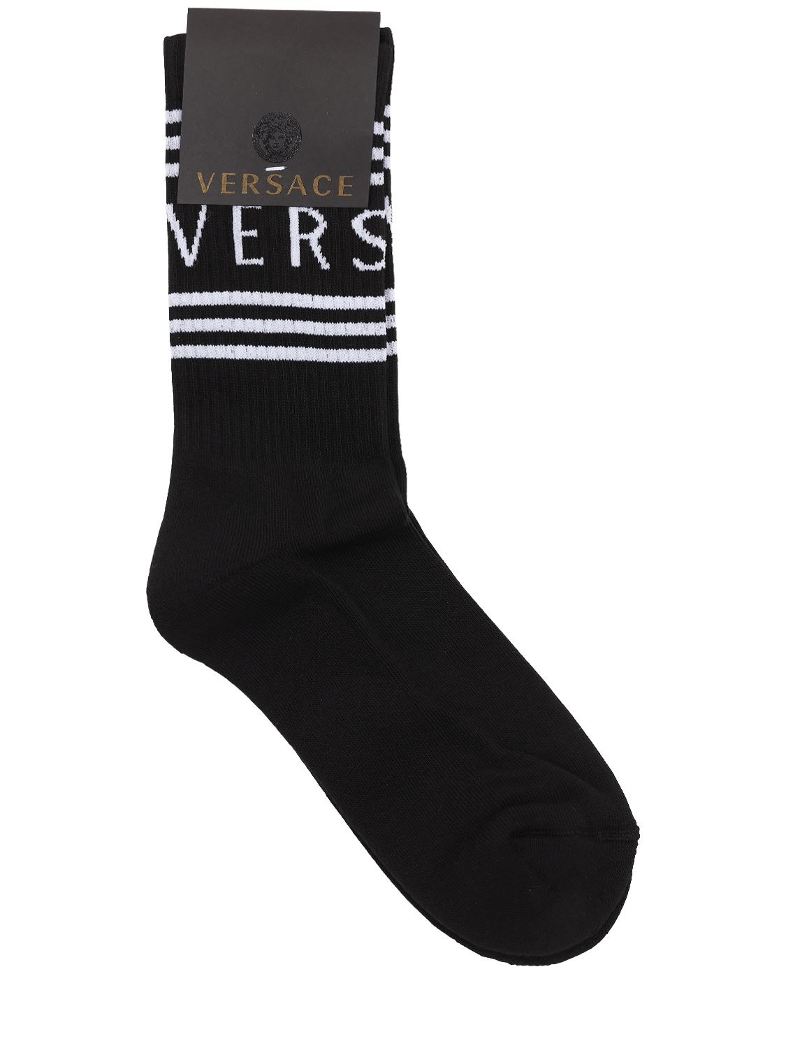 Versace Logo Intarsia Cotton Socks In Black