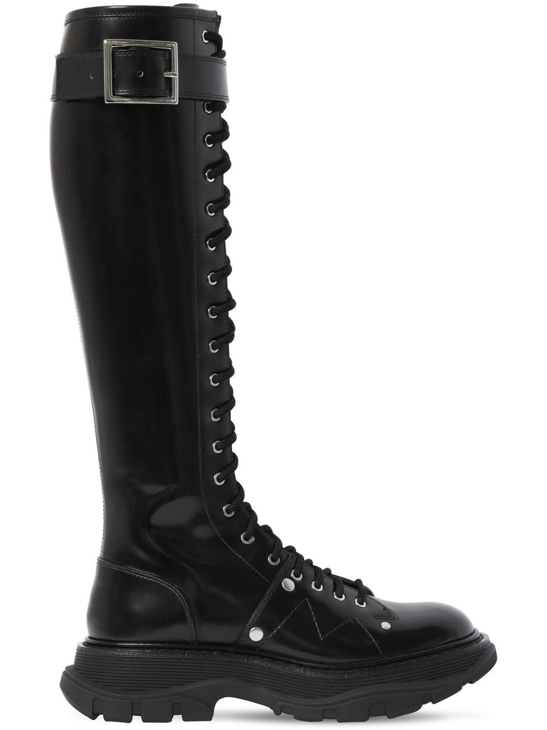 Alexander Mcqueen 40mm Treaded Leather Tall Boots In Black | ModeSens