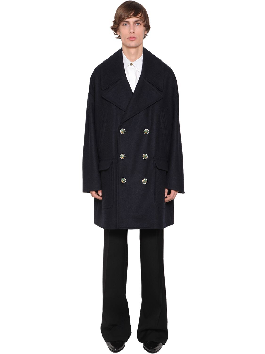 GIVENCHY DOUBLE BREASTED WOOL COAT W/LION BUTTONS,70IABC008-NDEW0