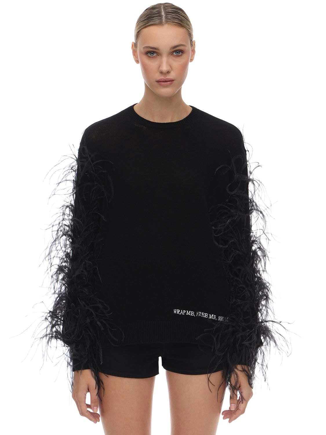Valentino Wool Blend Knit Sweater W/ Feathers In Black