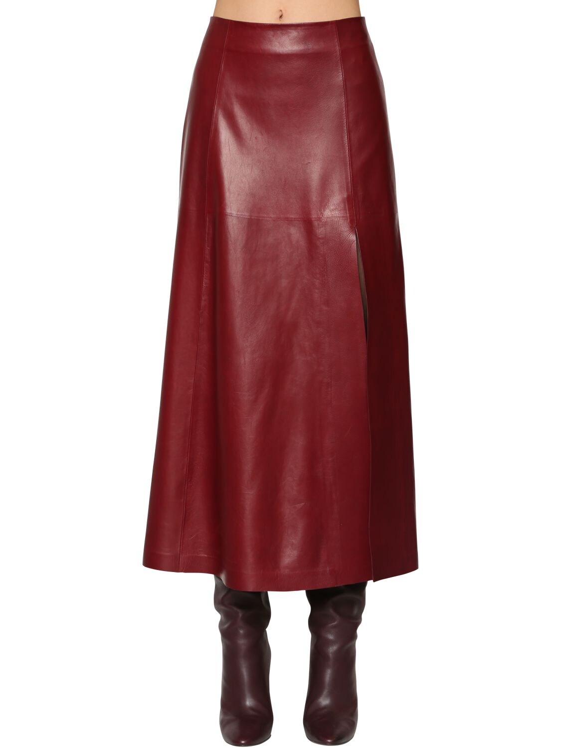 Ferragamo Leather Midi Skirt In Bordeaux