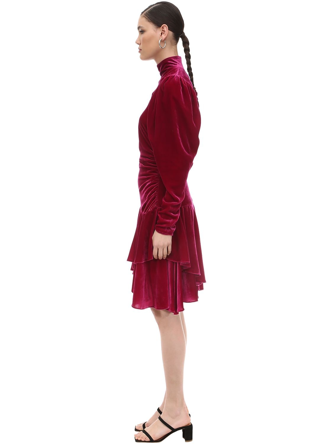 Rotate Birger Christensen Rotate Pleated Velvet Mini Dress In Fuchsia