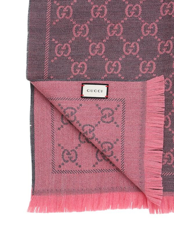 Gucci GG Logo Monogram Wool Jacquard Light Pink 'Sten' Scarf With Fringe