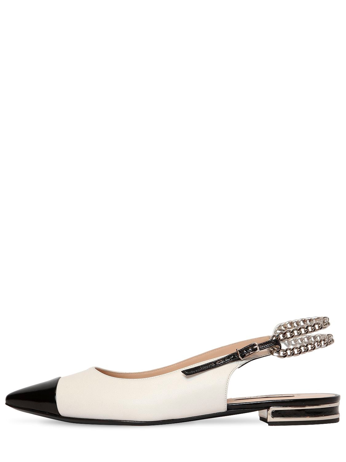 Casadei 10mm Chained Leather Sling Back Flats In White,black