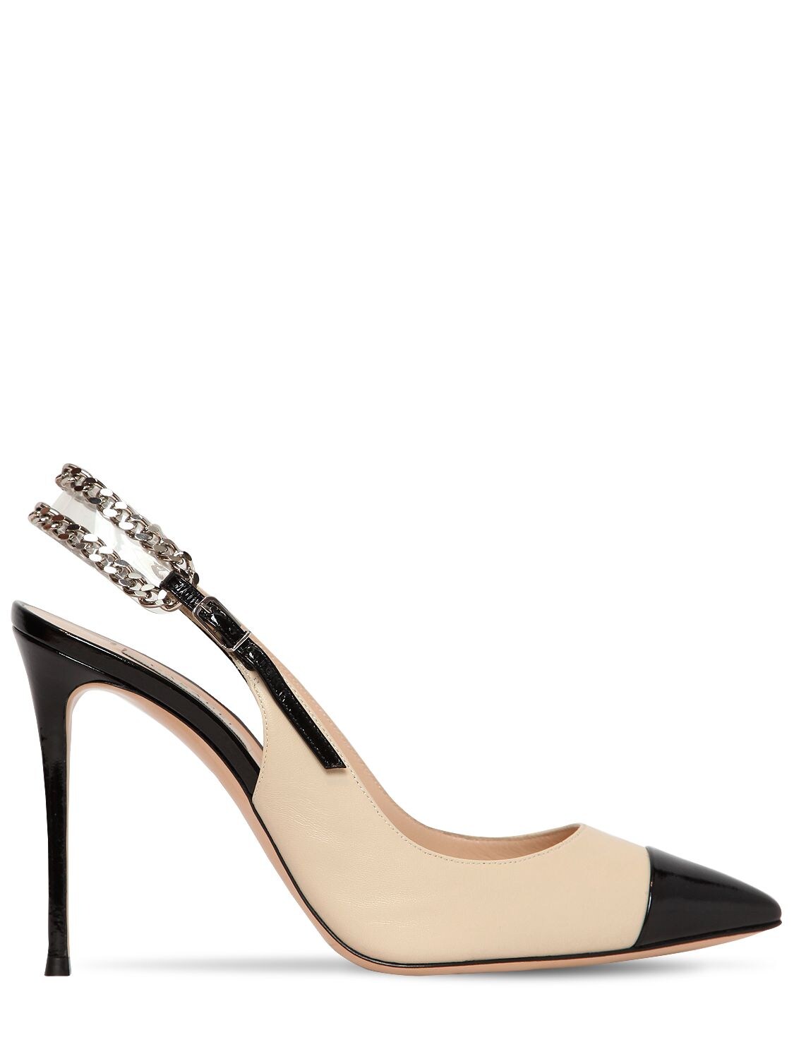 Casadei 100mm Chained Leather Sling Back Pumps In Beige,black