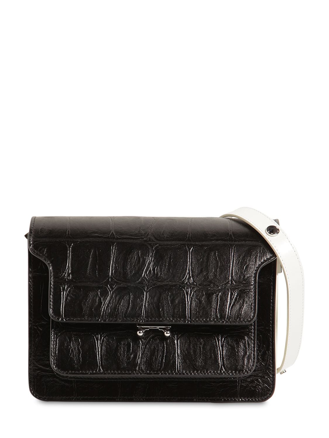 Marni Trunk Croc Embossed Bicolor Leather Bag In Black,limestone