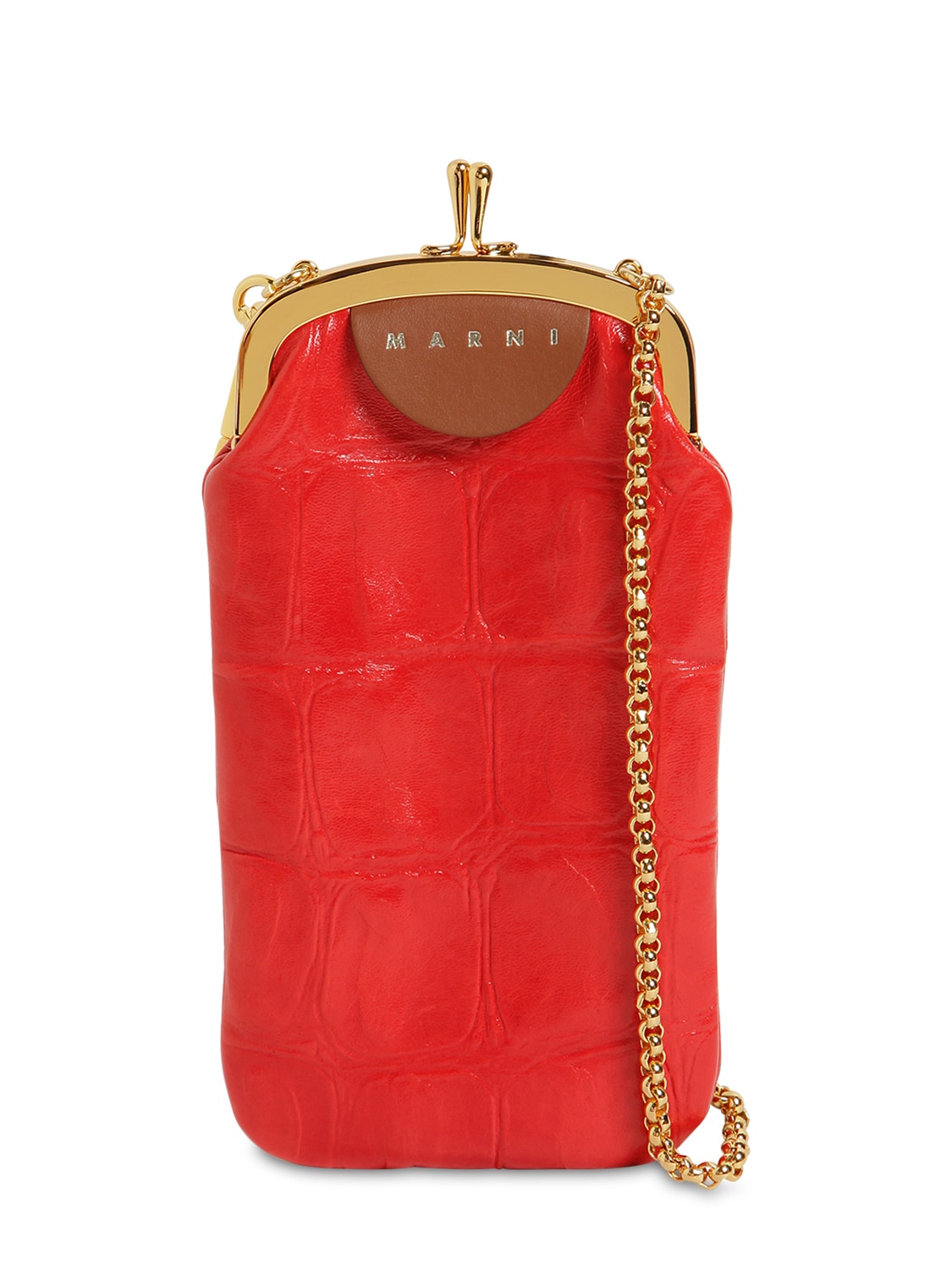 Marni Croc Embossed Leather Phone Case In Orange Red