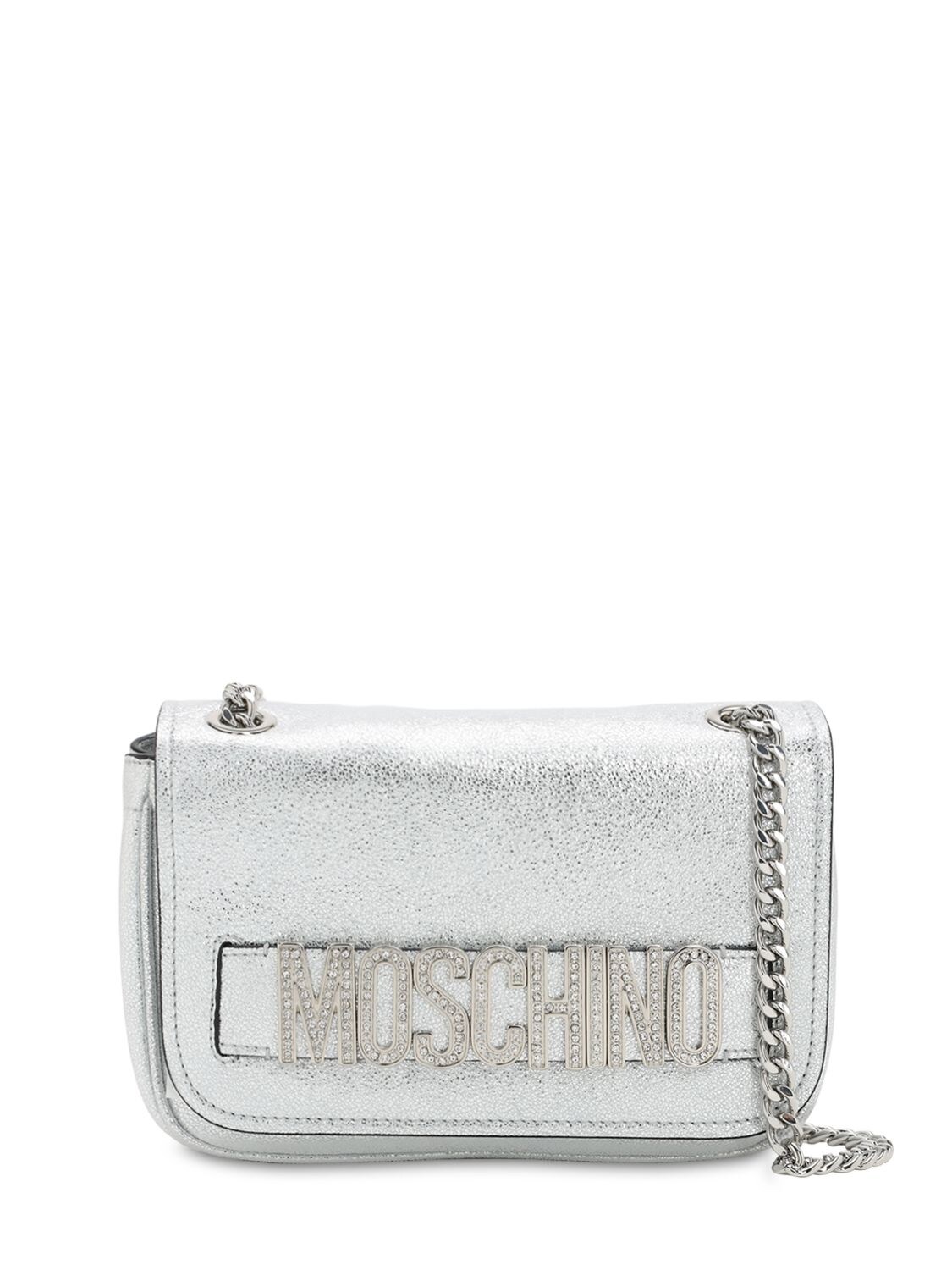 Moschino Metallic Leather Shoulder Bag In Silver