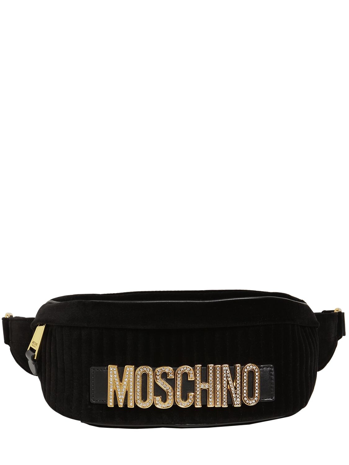 Moschino Crystal Logo Velvet Belt Bag In Black