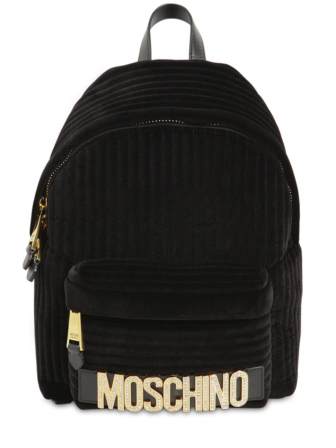 Moschino Crystal Logo Velvet Backpack In Black