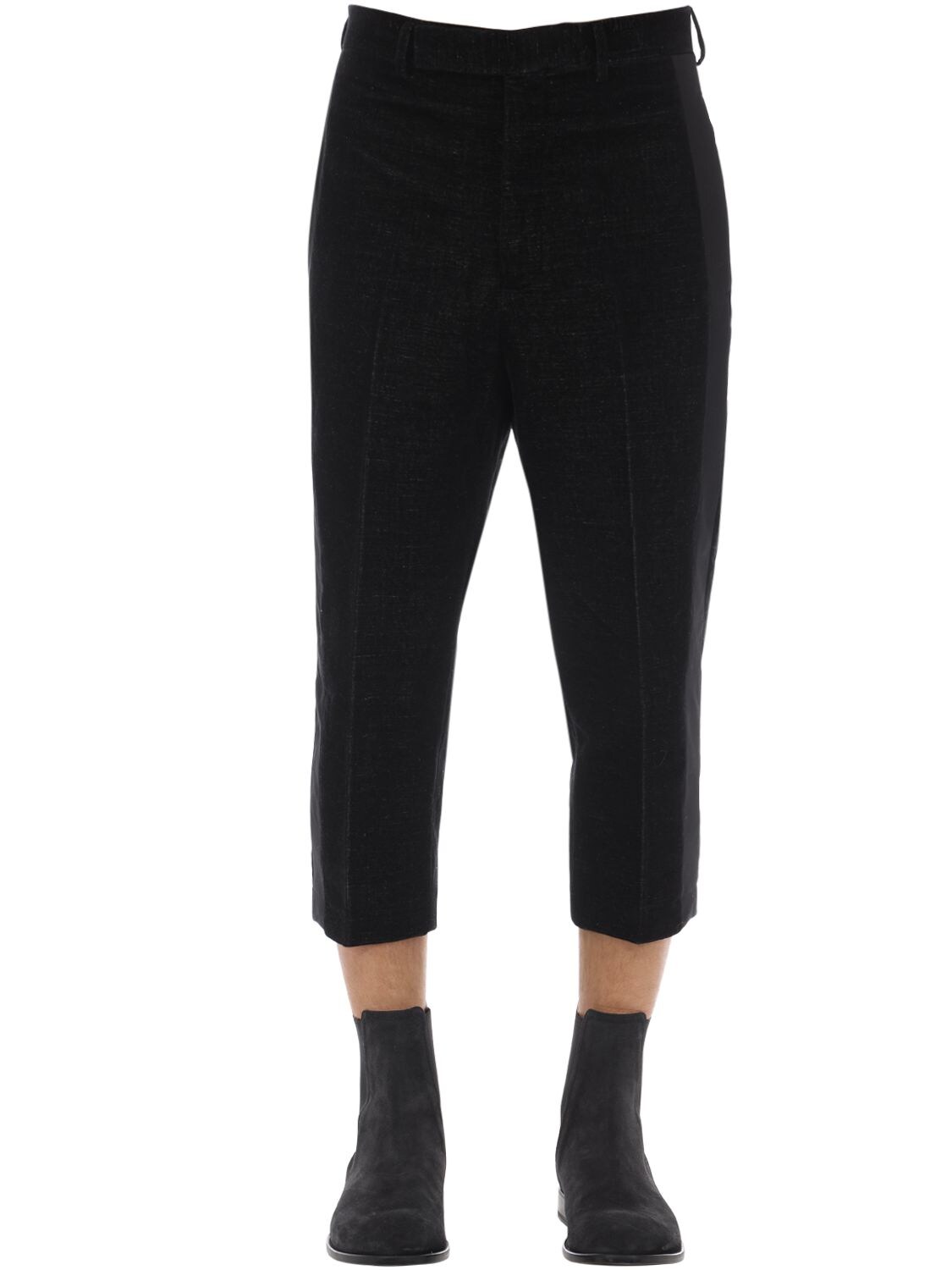 Rick Owens Cotton Velvet Cropped Pants W/side Band In Black