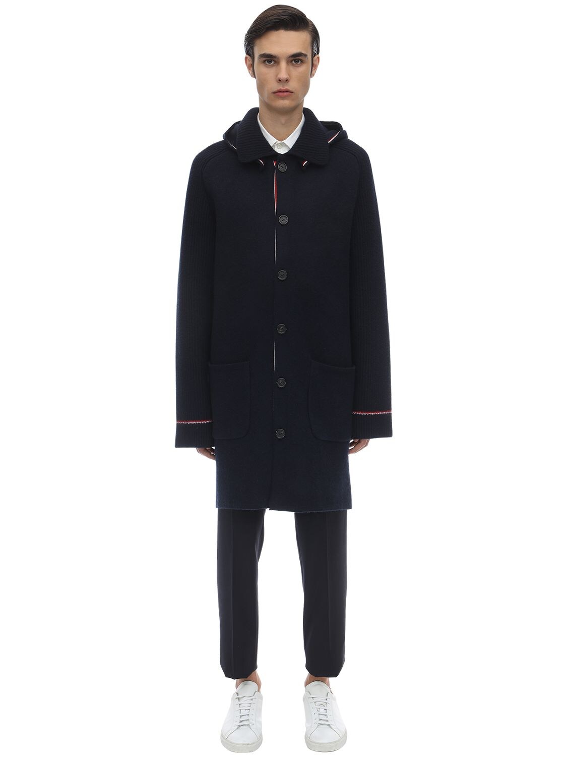 Thom Browne Hooded Wool & Cashmere Knit Duffle Coat In Navy