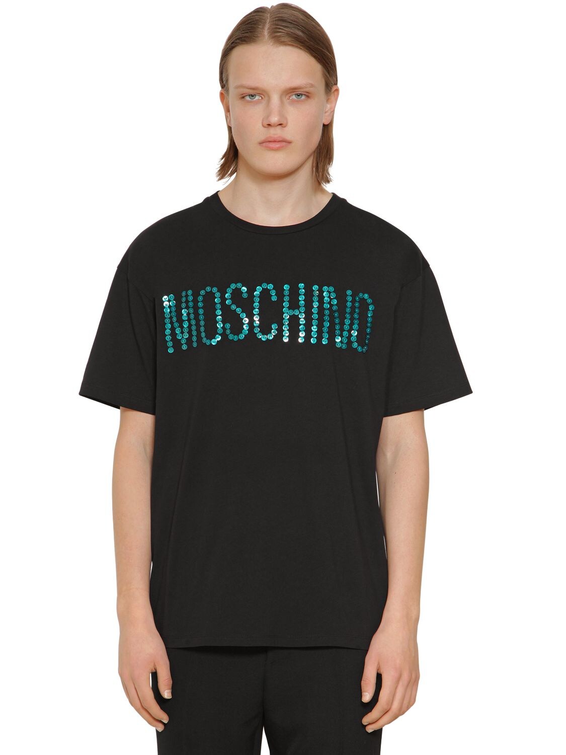 Moschino Oversize Button Logo Cotton T-shirt In Black
