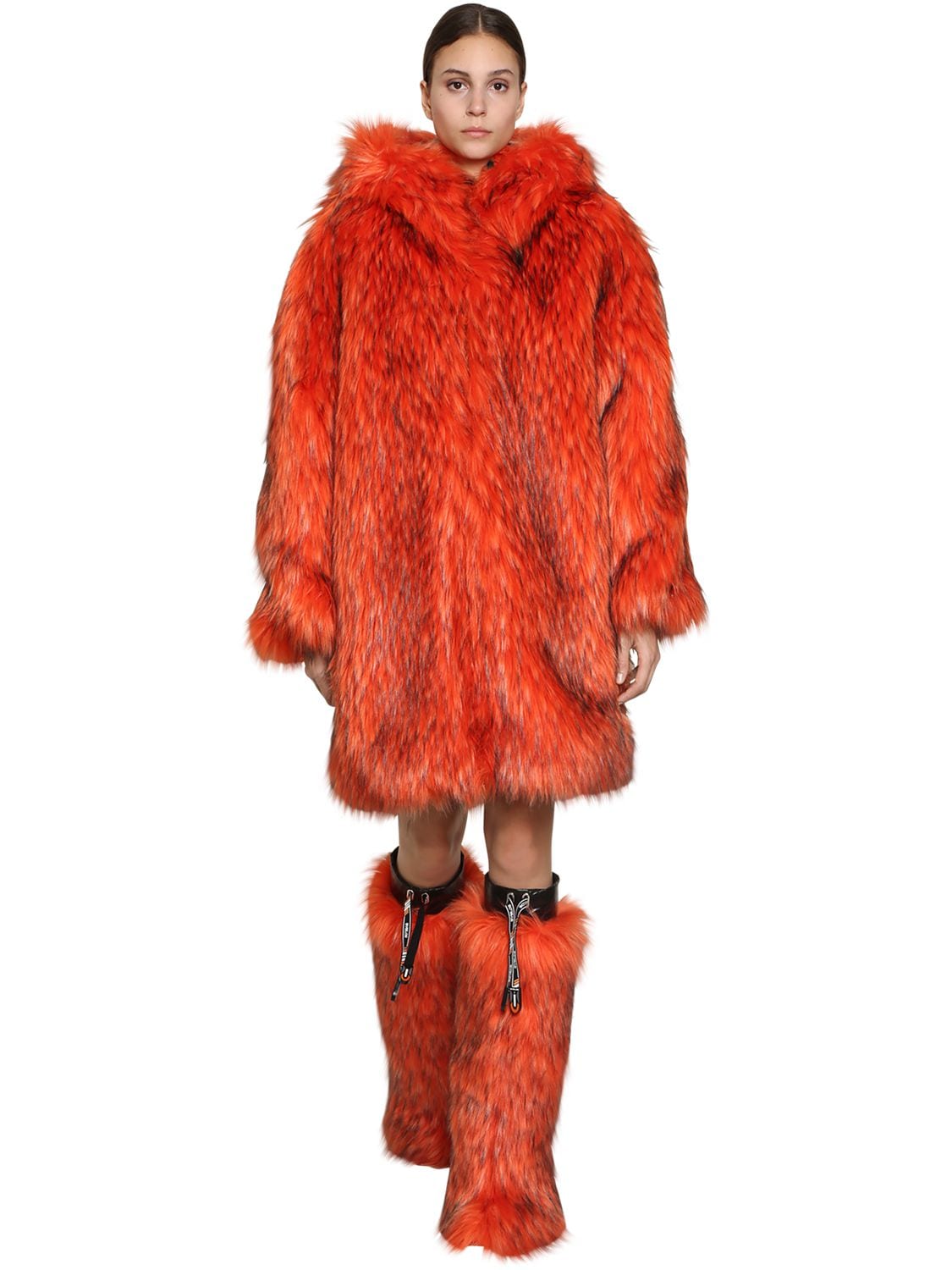 faux fur long hooded coat