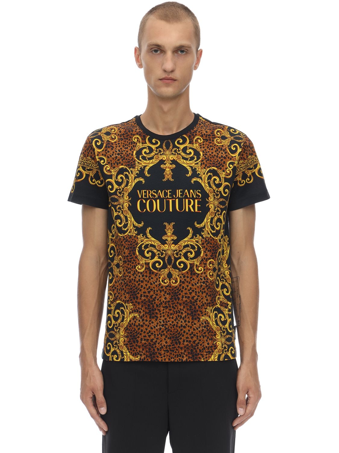 VERSACE JEANS COUTURE BAROQUE PRINTED COTTON JERSEY T-SHIRT,70IBQN006-ODK50