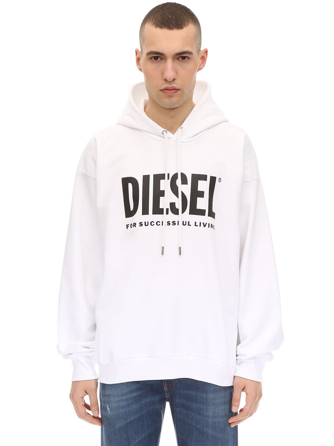 Diesel Printed Cotton Jersey Sweatshirt Hoodie In White
