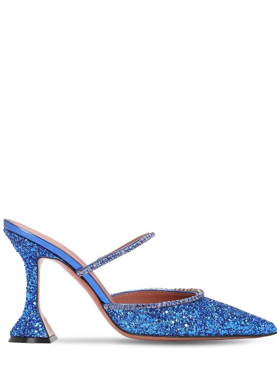 Amina Muaddi 100毫米“gilda”水晶装饰闪粉穆勒鞋 In Blue