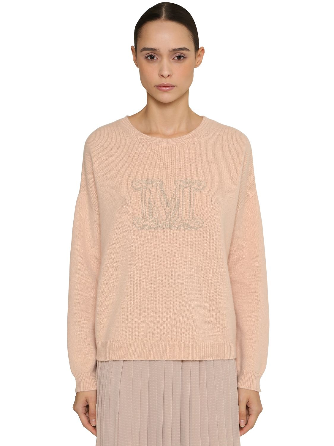 Max Mara Intarsia Logo Cashmere Knit Sweater In Pink