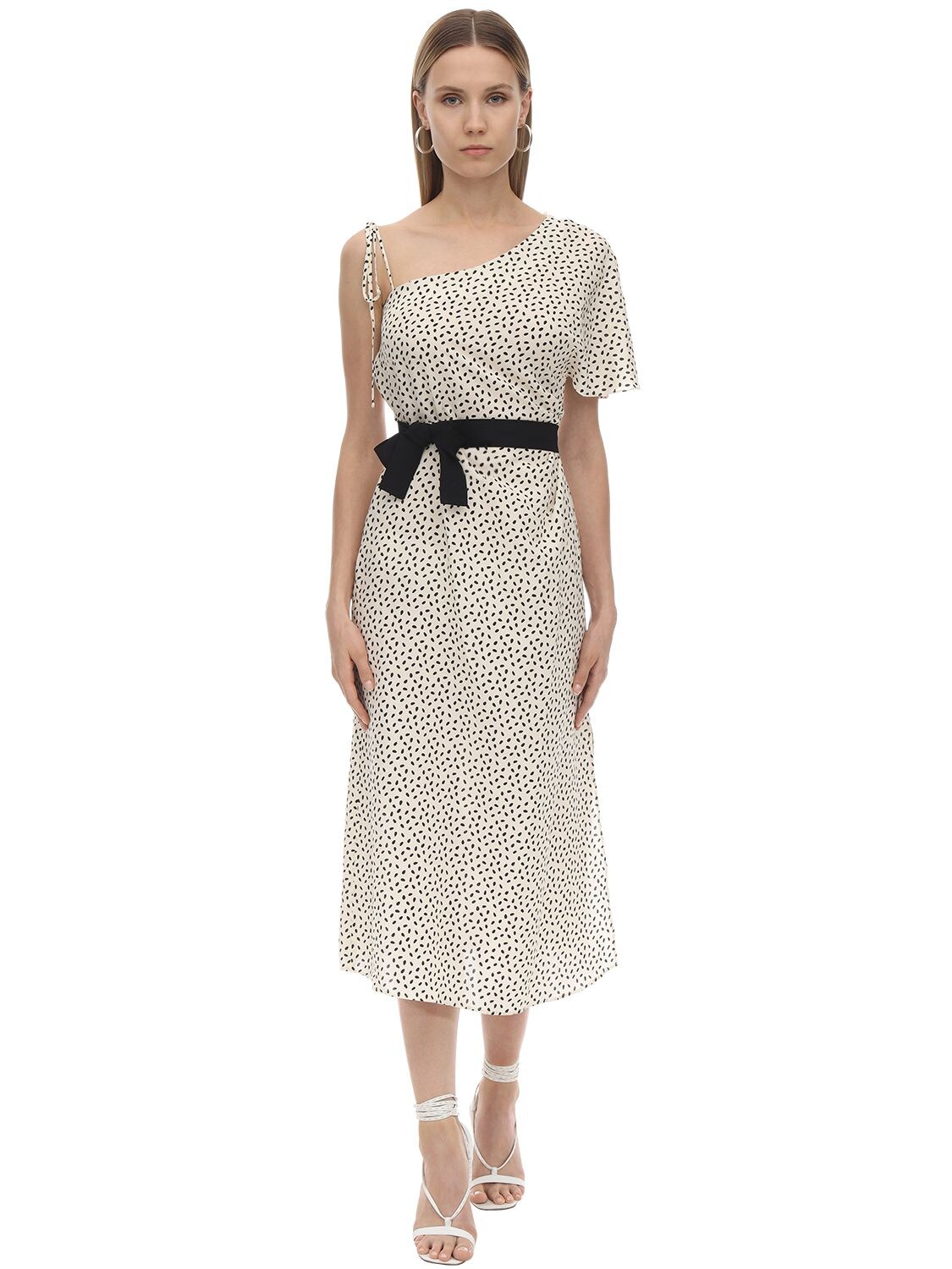 Mirae Mia Printed Viscose & Linen Midi Dress In White,black